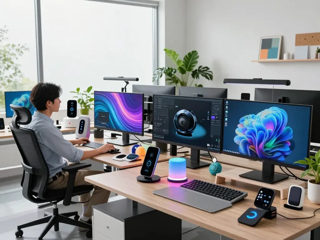 Exploring latest tech gadgets 2095 in a modern workspace with innovative devices and smart lighting.