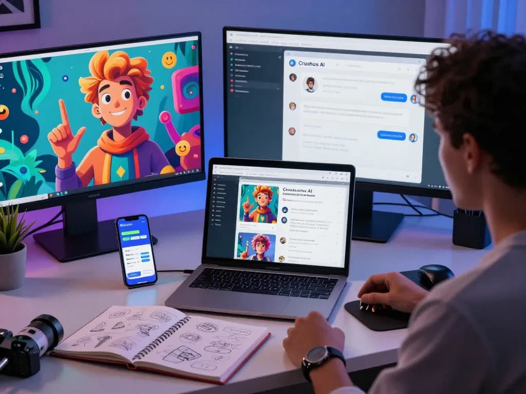 User interacting with Crush on AI's platform in a modern tech workspace, showcasing character chat features and vibrant digital designs.