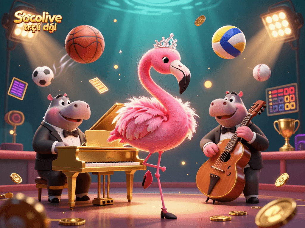 Socolive trực tiếp showcases vibrant gaming action with cartoon characters playing in a lavish casino setting.