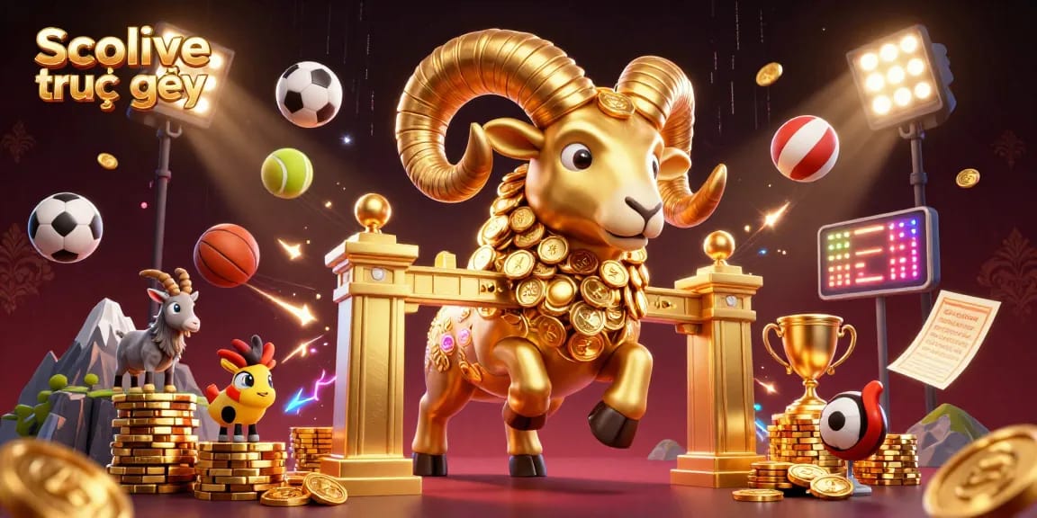 Socolive trực tiếp features a dynamic 3D scene of a golden ram charging amidst sports elements, perfect for online betting.