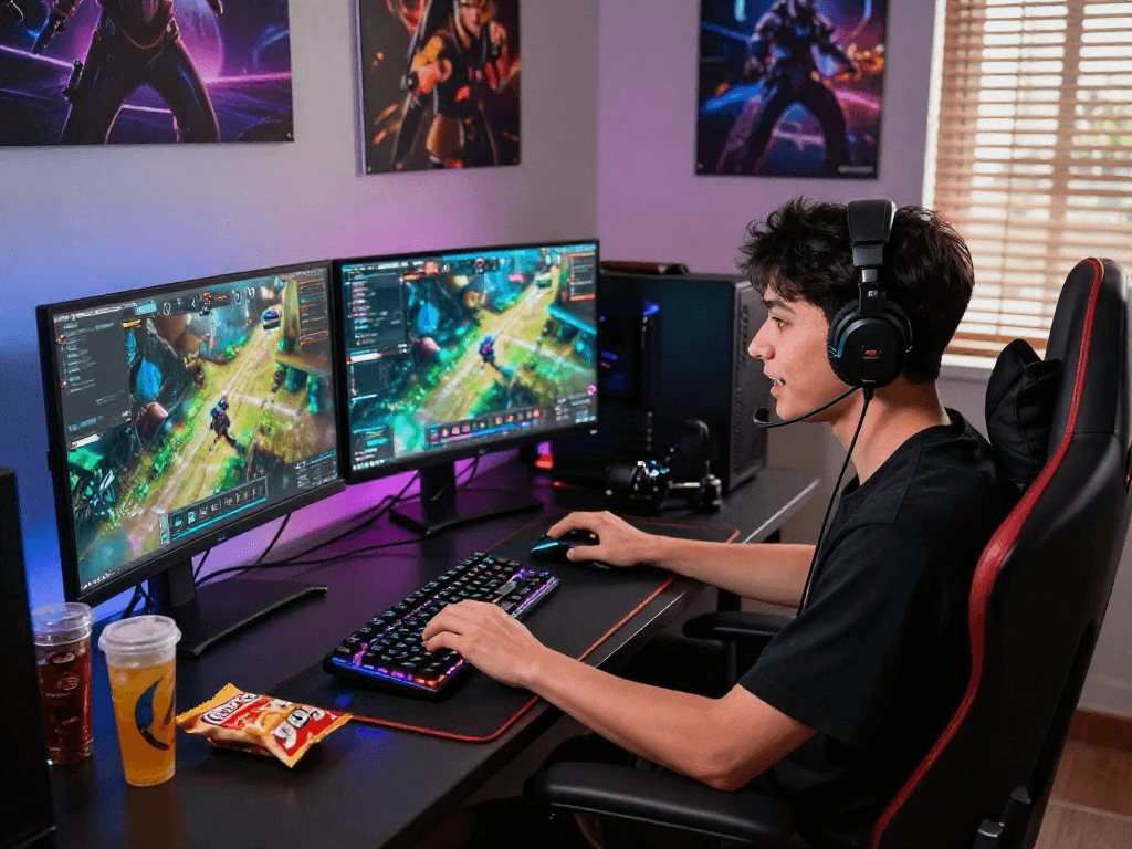 Gamer in ergonomic chair at vibrant gaming setup featuring rokok88 gear, dual monitors, and RGB keyboard.