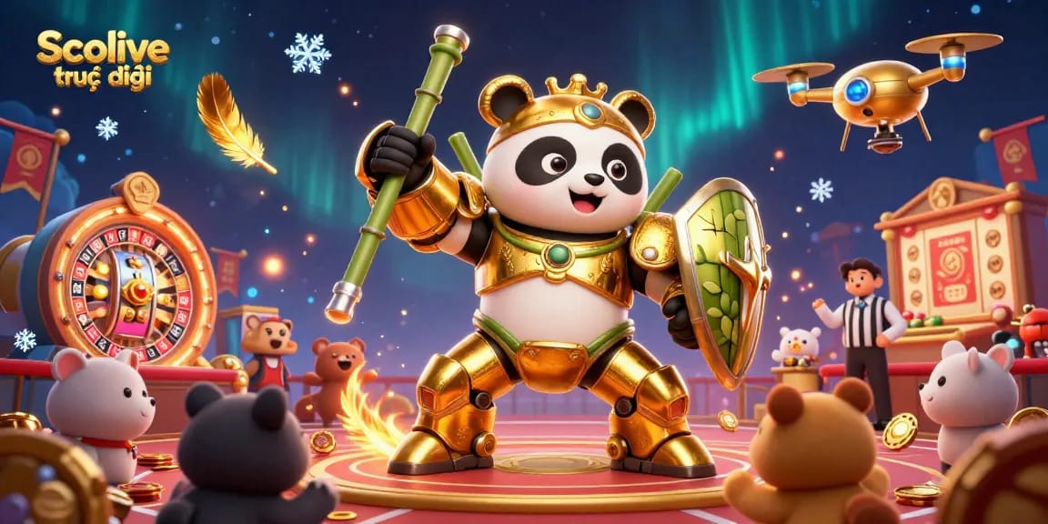 Socolive trực tiếp emerges in a vibrant casino arena, showcased by a golden panda in mech-suit amidst a dynamic scene.