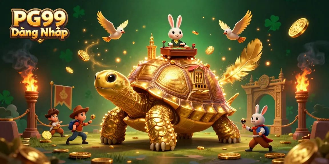Experience thrilling gaming at PG99 Đăng Nhập, where a golden tortoise hosts a vibrant casino.
