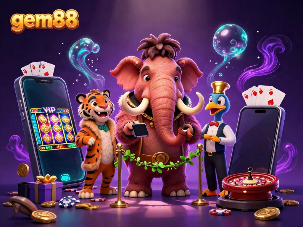Experience exciting games and rewards at gem88 with a vibrant, ultra-detailed casino scene.