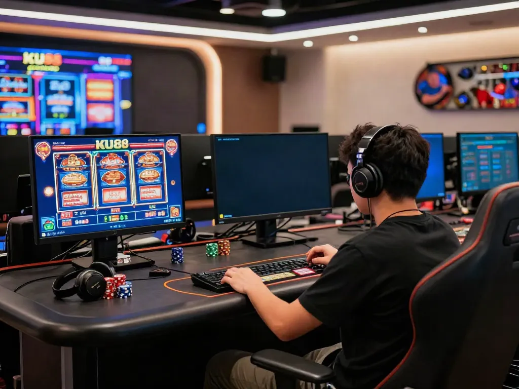 Player engaging with live online games at https://ku88v1.com/ in a vibrant gaming setup.
