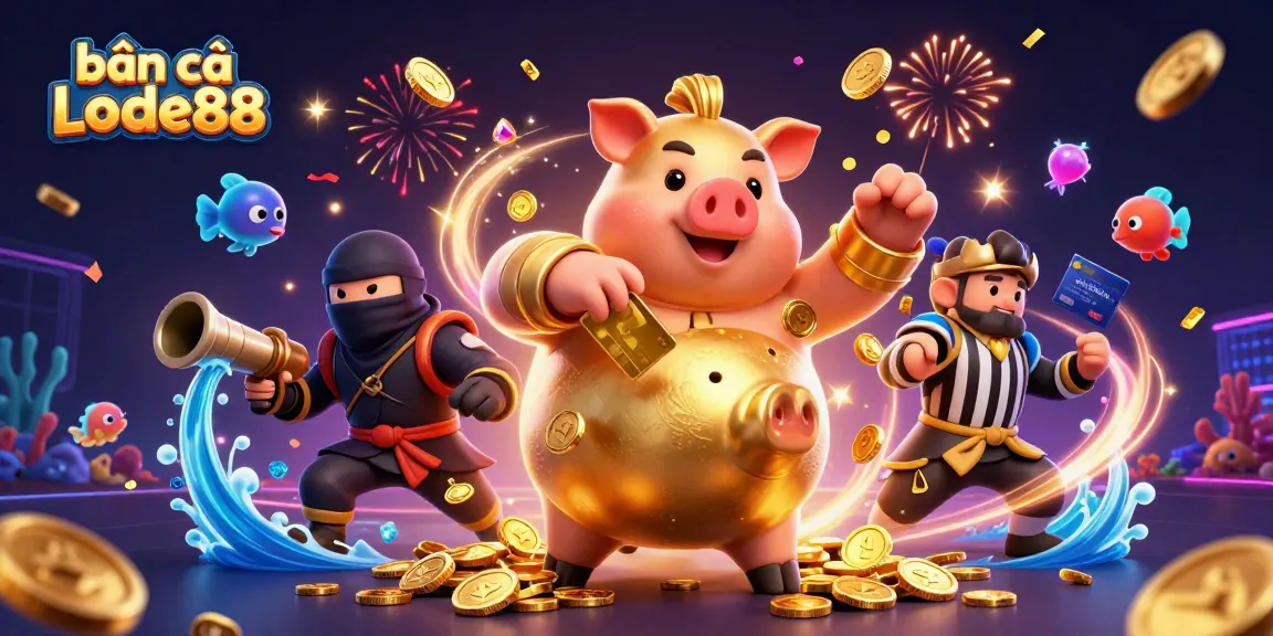 Bắn cá Lode88 action scene featuring a golden piggy bank sumo wrestler, underwater themes, and vibrant gambling elements.