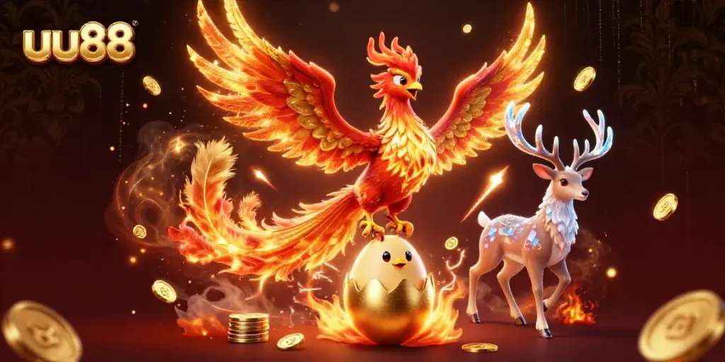 Experience the thrill of uu88 with a phoenix and mystical stag in a vibrant casino scene.