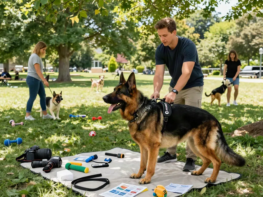 Dog trainer using ROKOK88 gear during outdoor training with a well-groomed German Shepherd.