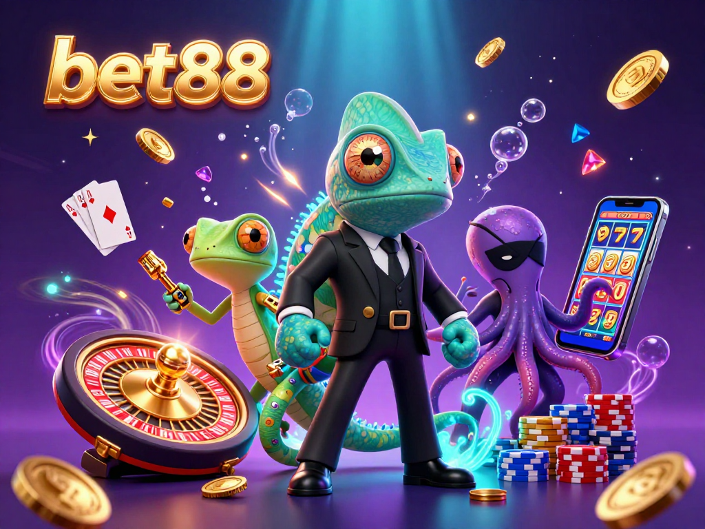 Experience thrill with bet88 as a secret agent chameleon and companions in a rich casino scene.