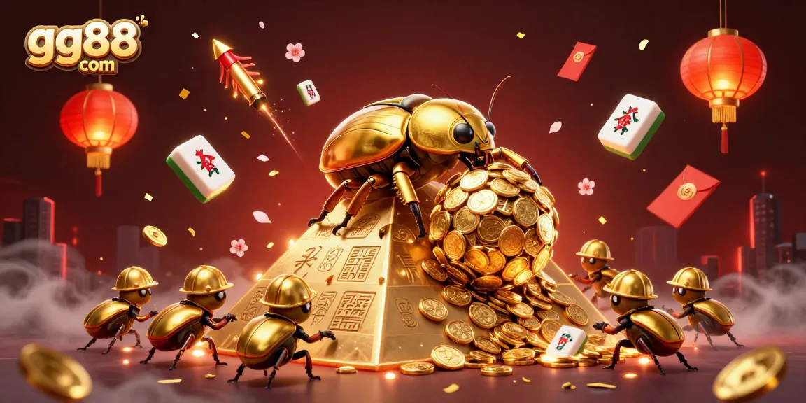 Engage with gg88 com's vibrant 3D illustration of a golden dung beetle and casino elements.