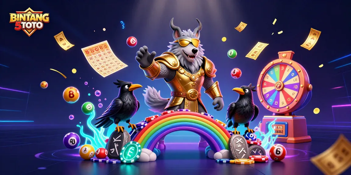 BINTANG5TOTO promotes thrilling gambling with a vibrant casino scene featuring Odin and gold accents.