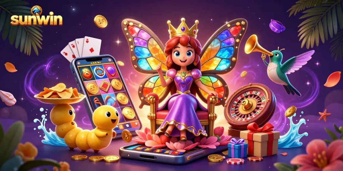 Experience thrilling slot action at sunwin with a vibrant 3D casino illustration showcasing elite characters amidst games and treasures.
