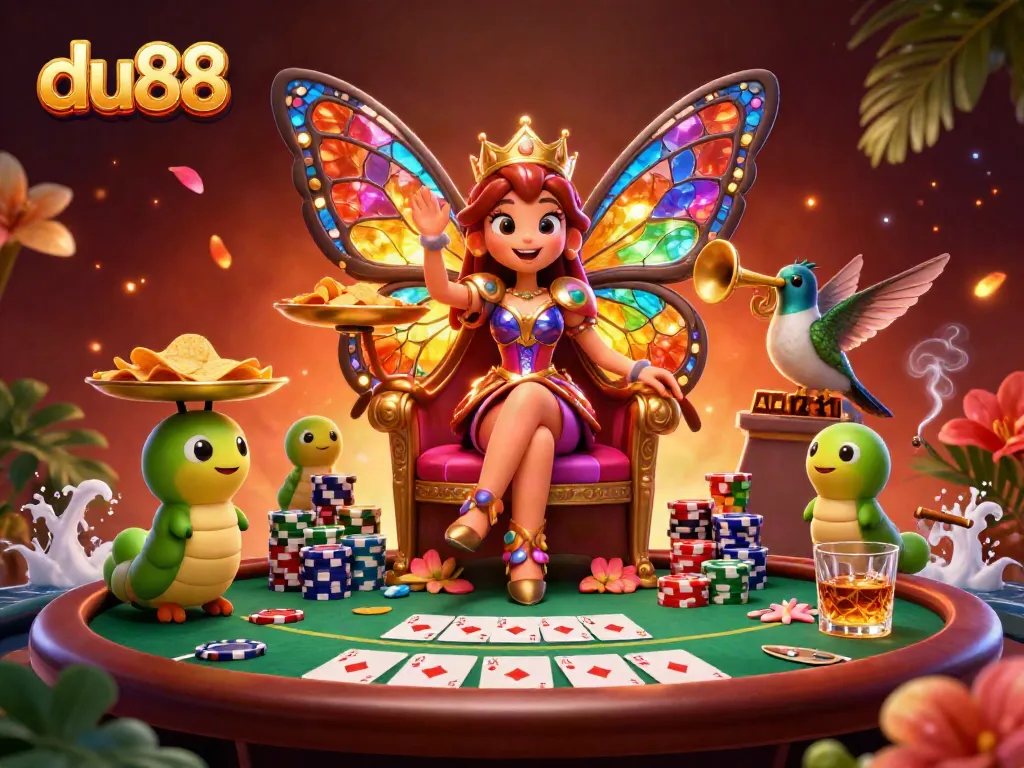 Engage in thrilling poker games at du88 with vibrant characters and dynamic casino elements.