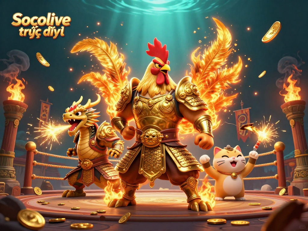 Experience thrilling gameplay with Socolive trực tiếp: dynamic scene of a fighting rooster and dragon mascots in a colorful casino environment.