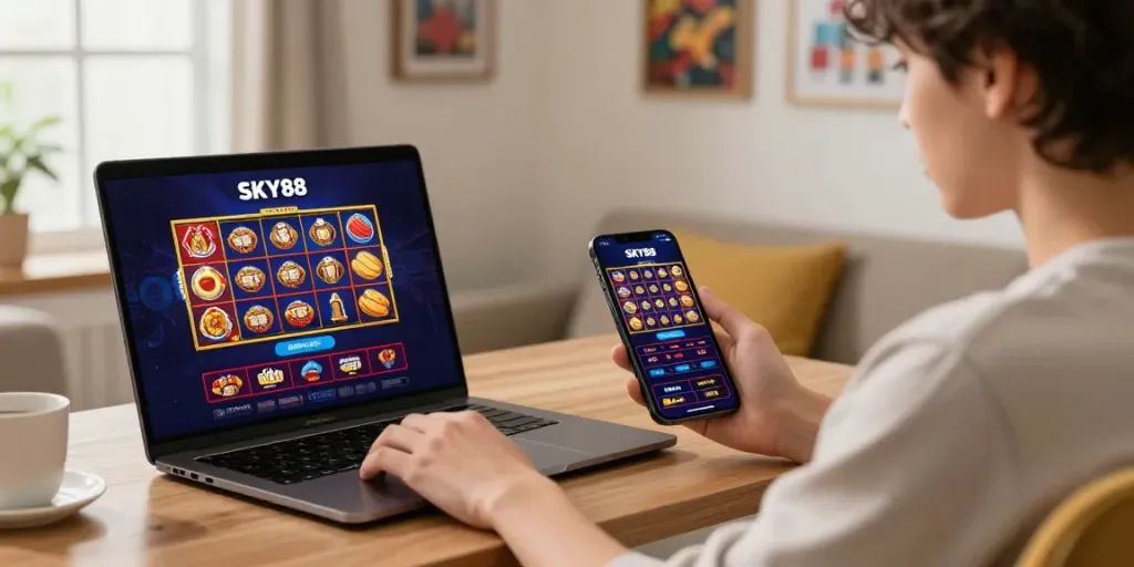 User engaging with the SKY88 online gaming platform on laptop and mobile, capturing a vibrant gaming scene.