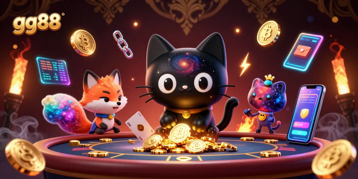 Engage with gg88's cosmic casino table featuring a black hole cat and colorful gas fox.