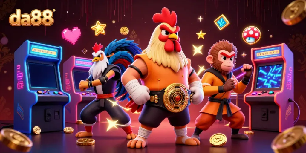 Experience the excitement of betting at da88 with a dynamic 3D illustration featuring unique characters and vibrant elements.