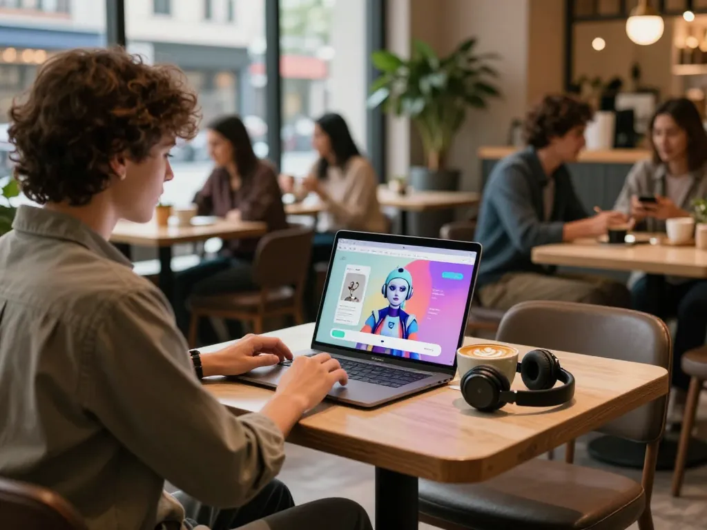 Engaging with a spicy AI chatbot in a modern café setting, highlighting virtual interactions.
