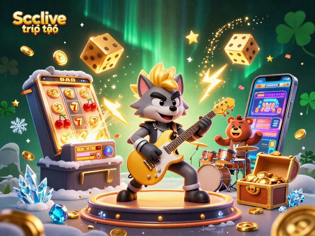 Socolive trực tiếp showcases a vibrant casino scene with a rock star wolf and drummer bear amid jackpots and excitement.