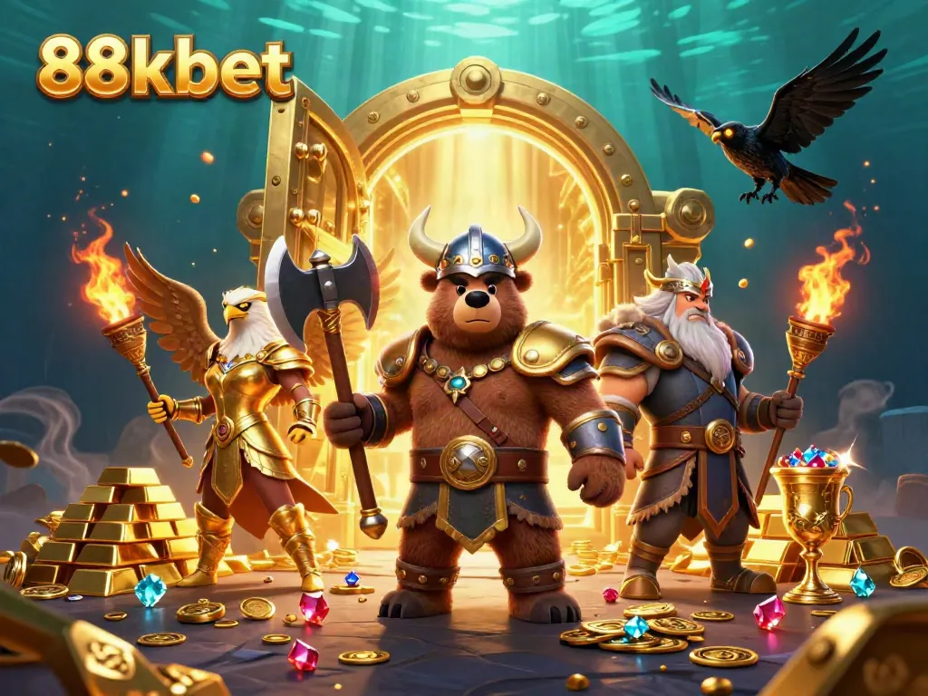 Experience the thrilling action of 88kbet with dynamic 3D casino illustrations capturing excitement and adventure.