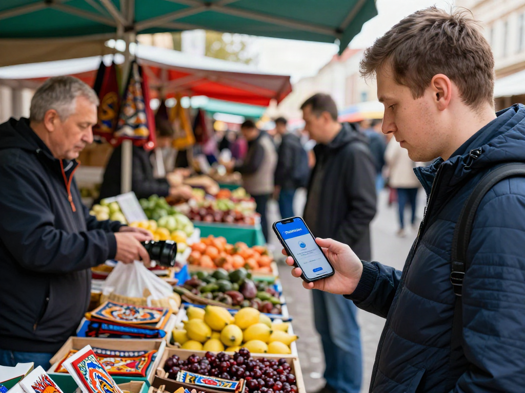 https://payinrussia.com/ ile Rusya'daki pazarda yerel satıcıyla etkileşimde bulunan turistin anı.