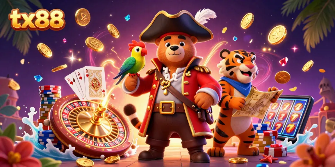 Win big with tx88 in this vibrant, ultra-detailed casino scene featuring adventurous characters.