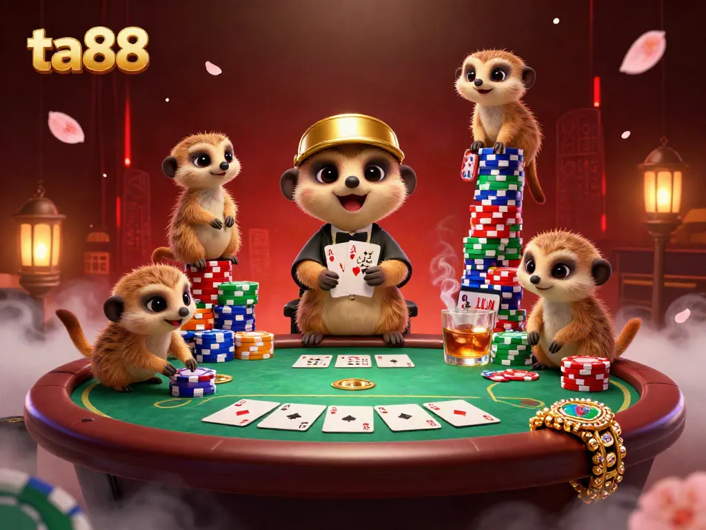 Engage with ta88's thrilling casino scene featuring playful meerkats managing lively games and sneaking chips.