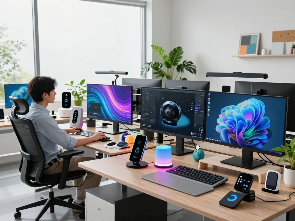 Exploring latest tech gadgets 2095 in a modern workspace with innovative devices and smart lighting.