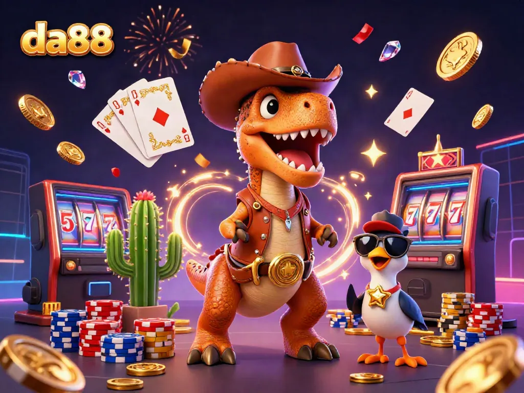 Engage in thrilling betting action at da88, featuring a dynamic 3D illustration of cowboy dinosaur characters surrounded by vivid casino elements.