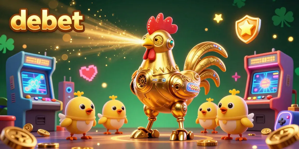 Debet showcases a thrilling 3D cartoon casino scene with a golden rooster robot and baby chick drones.