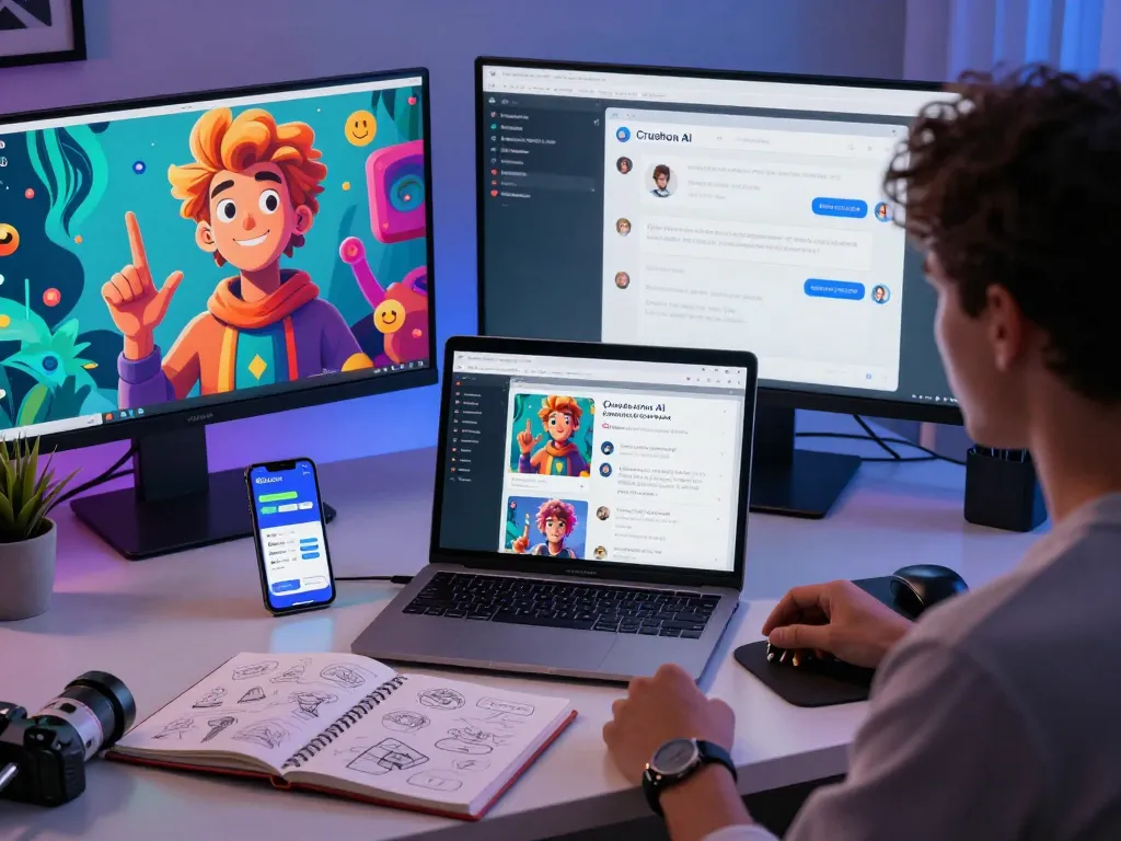User interacting with Crush on AI's platform in a modern tech workspace, showcasing character chat features and vibrant digital designs.
