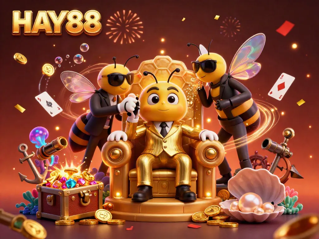 Experience the excitement of HAY88 in a vibrant 3D illustration with a mob boss and casino-themed treasure