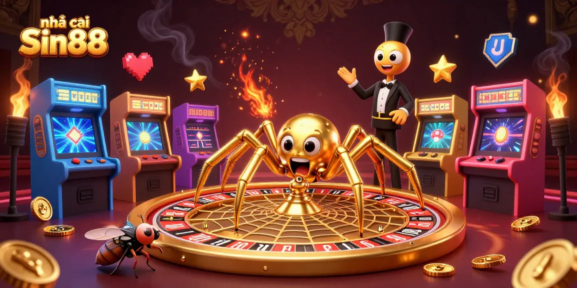 Place bets at nhà cái Sin88 with a golden spider croupier and vibrant gaming machines.