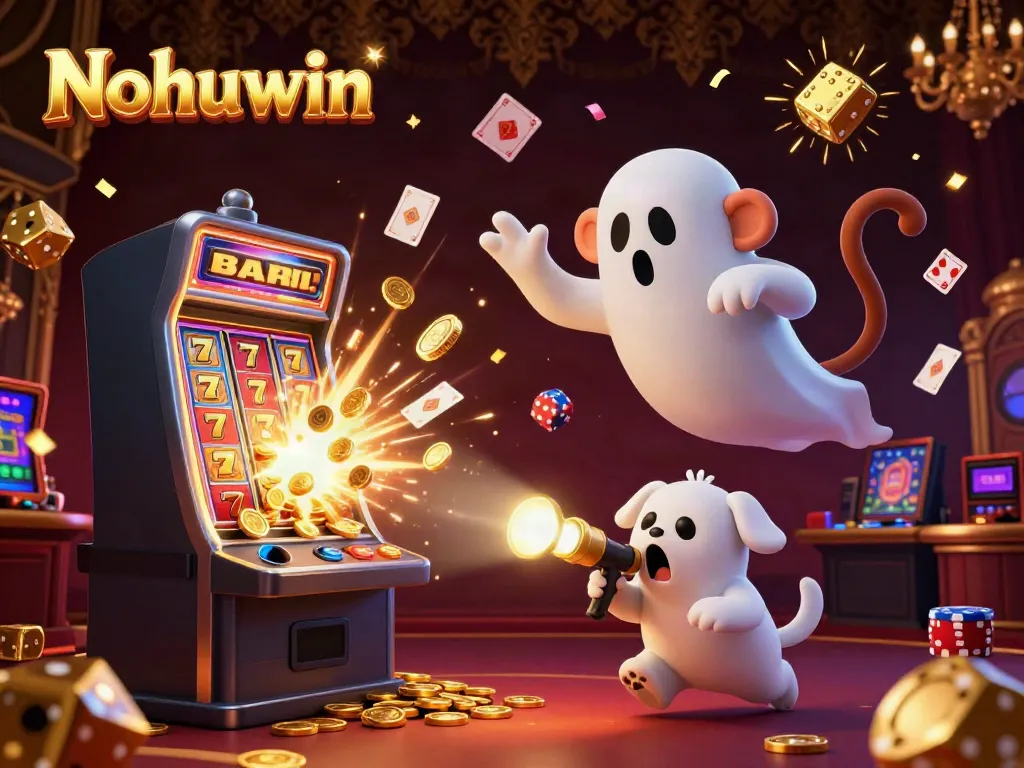 Nohuwin offers an exciting casino experience with a playful poltergeist monkey and a ghost-hunter puppy amidst a vibrant slot machine explosion.