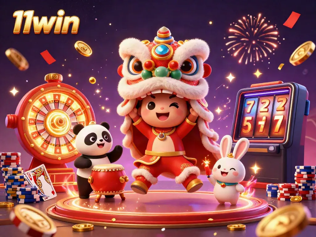 Celebrate wins at 11win with a lively 3D illustration of a lion dance, drumming panda, and festive decorations.