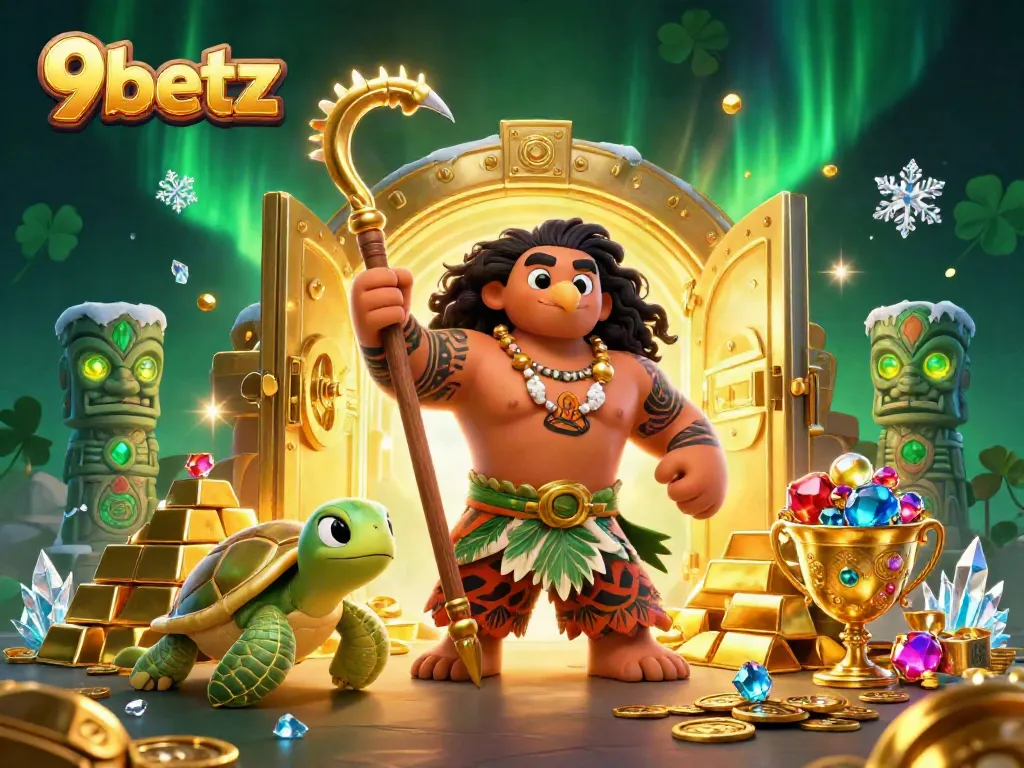 Experience thrilling gaming with 9betz at a vibrant online casino scene featuring treasures and characters.