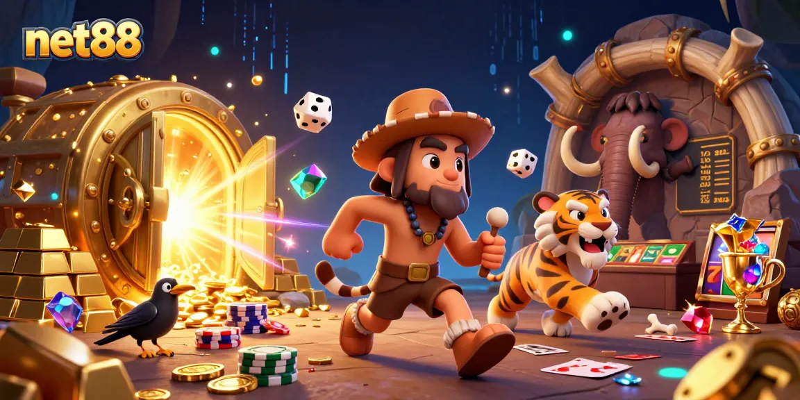 Net88's dynamic prehistoric casino scene with lively characters and gambling elements.