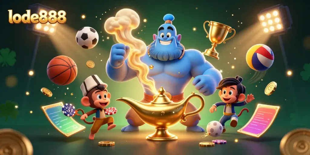 Engage in thrilling lode888 bets with a dynamic scene of a genie and monkey surrounded by sports elements.