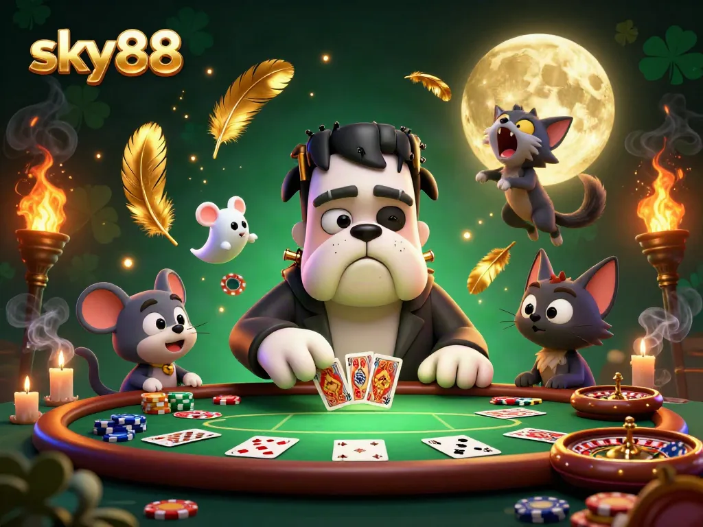 Join the thrilling atmosphere at sky88 with a Frankenstein bulldog dealer, poker chips, and alluring ghostly elements.