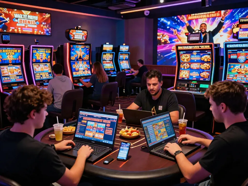 Online gamblers at NBET enjoying diverse games in a vibrant virtual casino.