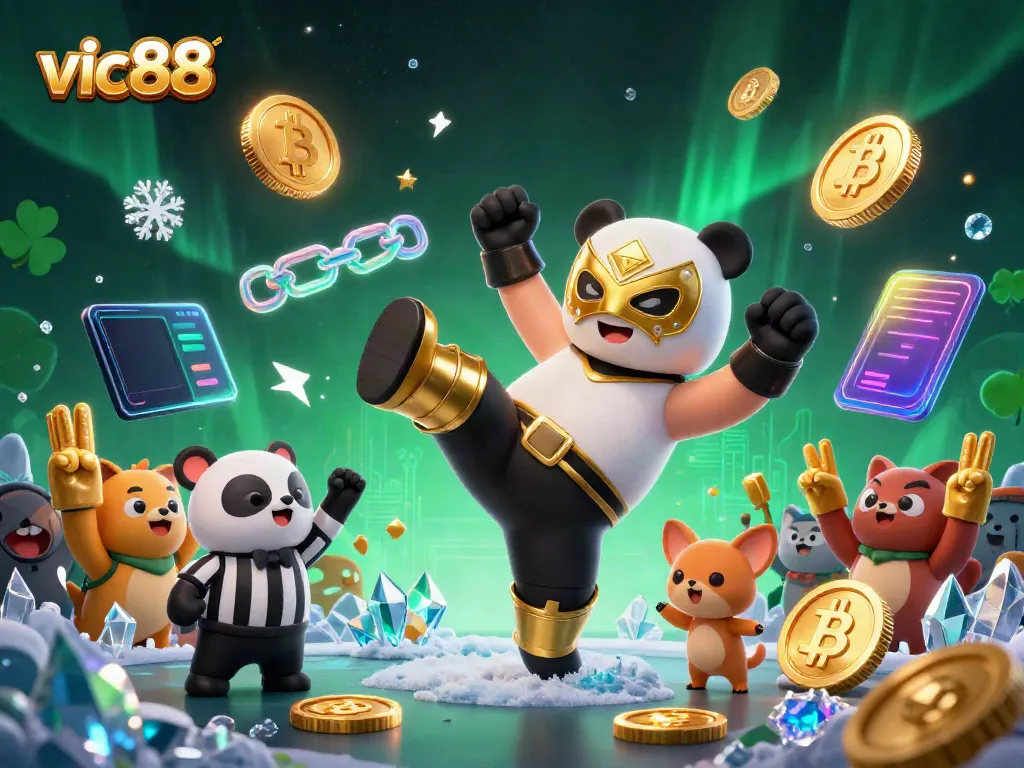 Experience the excitement of vic88 with a dynamic 3D illustration showcasing gaming and crypto elements.