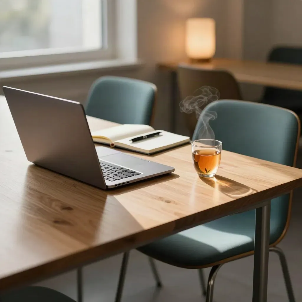 Akşamüstü mentorluk masası, iki sandalye, kapalı defter, çay bardağı ve kapalı laptop.