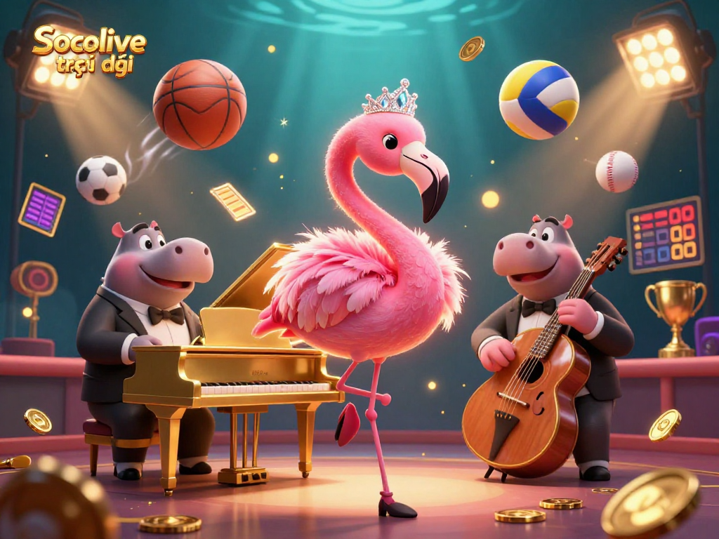 Socolive trực tiếp showcases vibrant gaming action with cartoon characters playing in a lavish casino setting.