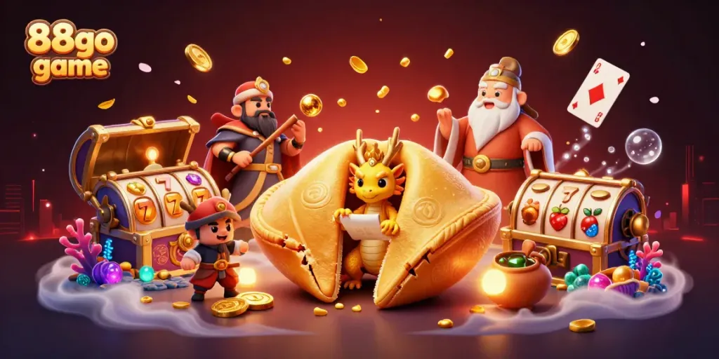 Experience the excitement of the 88go game with a vibrant 3D casino illustration packed with dynamic characters and elements.