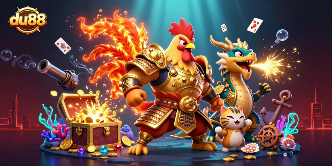Experience du88's thrilling gaming adventure with vibrant 3D characters set in a dynamic casino scene.