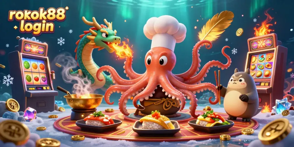 Experience the vibrant action of rokok88 login with a playful octopus chef and dragon in a lively casino scene.