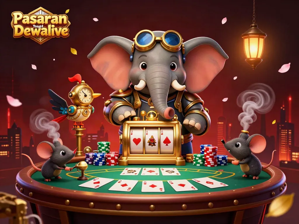 Menampilkan Pasaran Togel Dewalive, seorang penguin steampunk merancang mesin slot dengan elemen permainan kasino di sekelilingnya.