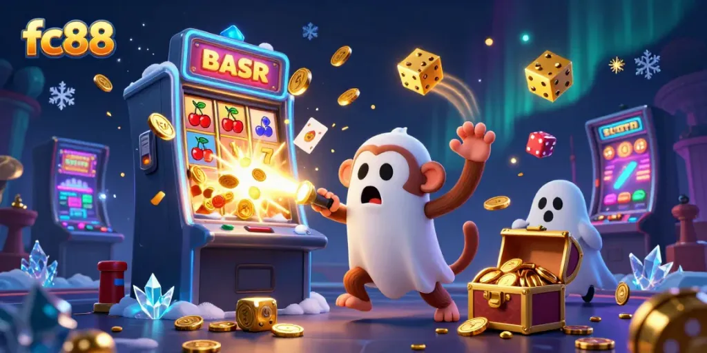 Experience the thrilling magic of fc88 with a poltergeist monkey juggling golden items in a lively casino scene.