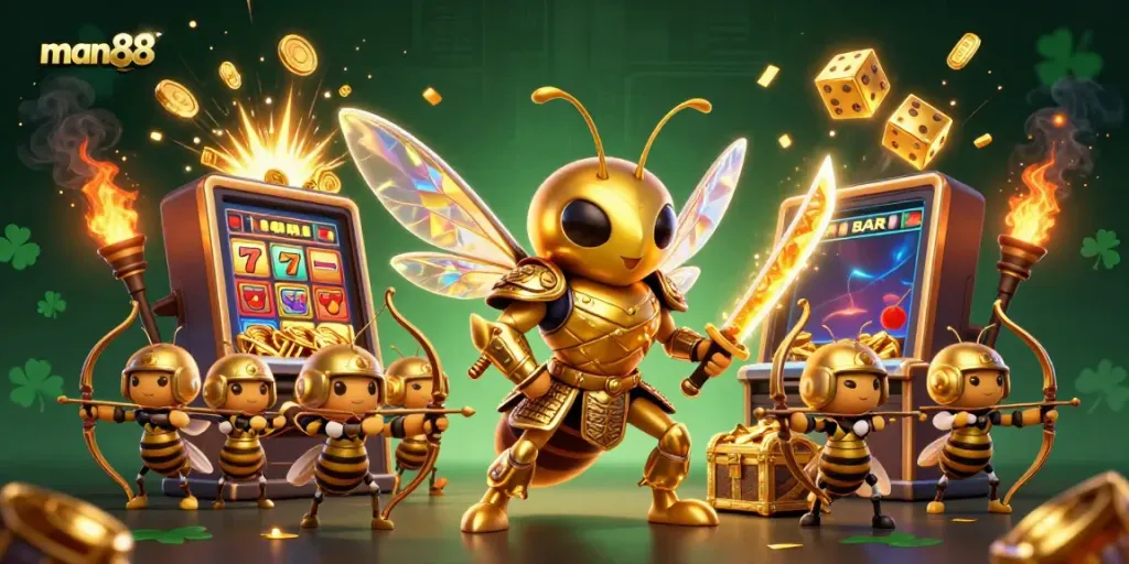 Experience excitement at man88 with a golden hornet and jackpot bursting from a 3D slot machine.