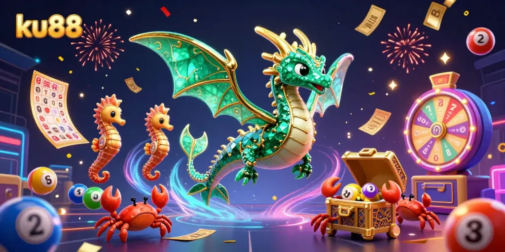 Engage with ku88's vibrant lottery experience featuring dynamic characters and celebratory elements.